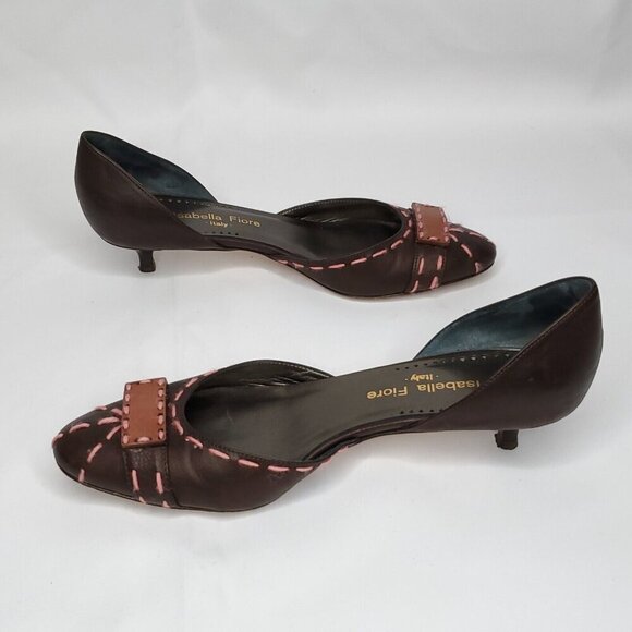 Isabella Fiore Leather Pumps 8 Brown Pink Embroidered Yarn Kitten Heel Open Side - Picture 7 of 9